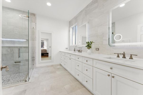 Bathroom, Dual Sink Vanities, Glass Shower, Interior, Recessed Lighting