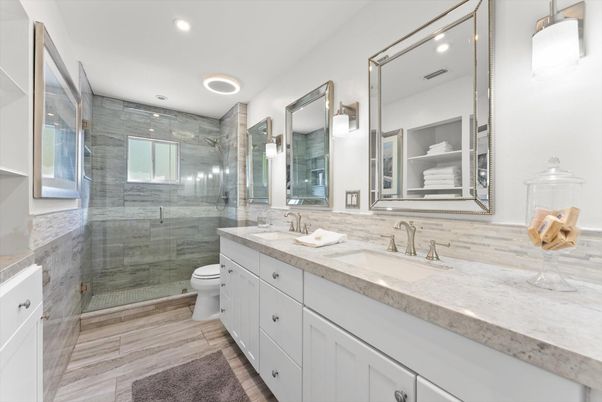 Bathroom, Dual Sink Vanities, Glass Shower, Interior, Recessed Lighting, Wood Texture Flooring