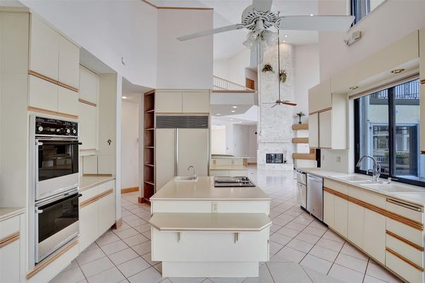 Fireplace, Interior, Kitchen, Recessed Lighting, Stainless Steel Appliances