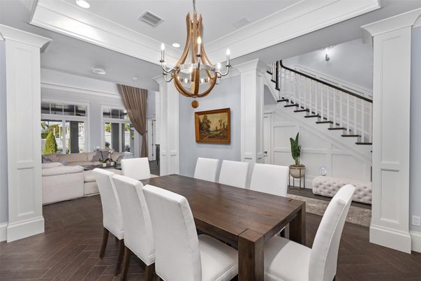 Chandelier, Dining room, Interior, Living room, Recessed Lighting, Wood Texture Flooring