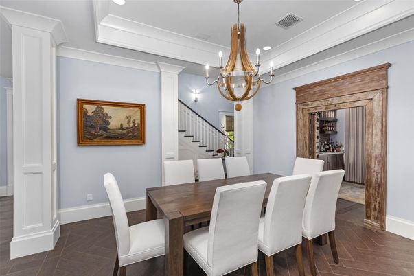 Chandelier, Dining room, Interior, Recessed Lighting, Wood Texture Flooring