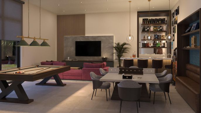 Billiard Table, Dining room, Game Room, Interior, Pendant Lights, Recessed Lighting