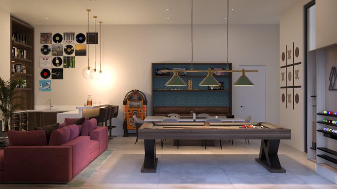 Billiard Table, Game Room, Interior, Pendant Lights, Recessed Lighting