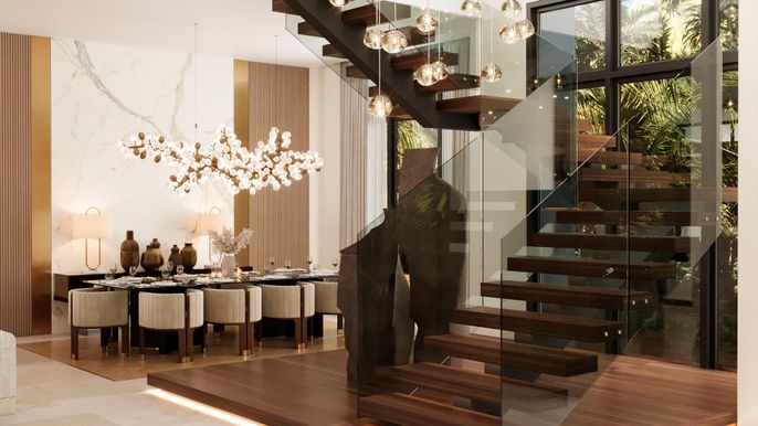 Dining room, Interior, Pendant Lights, Wood Texture Flooring