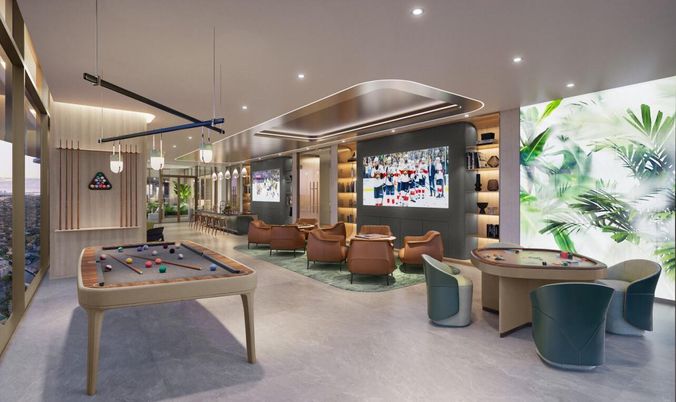 Billiard Table, Game Room, Interior, Living room, Pendant Lights, Recessed Lighting