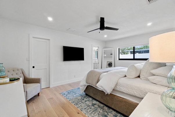 Bedroom, Interior, Recessed Lighting, Wood Texture Flooring