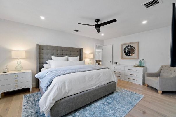 Bedroom, Interior, Recessed Lighting, Wood Texture Flooring