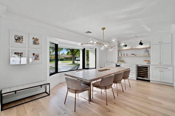 Dining room, Interior, Pendant Lights, Wood Texture Flooring