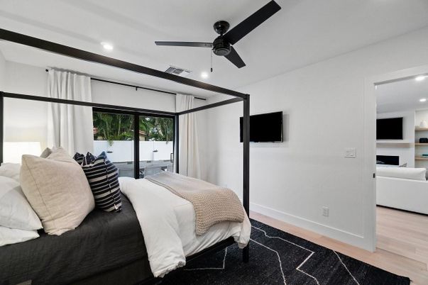 Bedroom, Interior, Recessed Lighting, Wood Texture Flooring