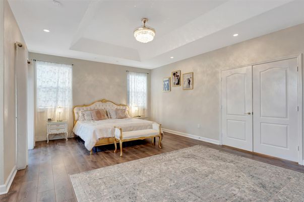 Bedroom, Chandelier, Interior, Recessed Lighting, Wood Texture Flooring