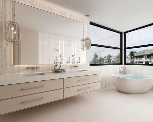 Bathroom, Dual Sink Vanities, Free Standing Baths, Interior, Pendant Lights