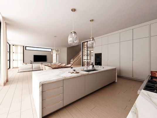 Interior, Kitchen, Living room, Pendant Lights, Wood Texture Flooring