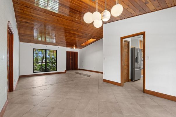 Empty room, Interior, Kitchen, Pendant Lights, Wooden Ceilings