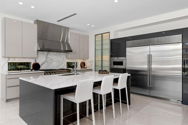 Interior, Kitchen, Marble Walls, Recessed Lighting, Stainless Steel Appliances