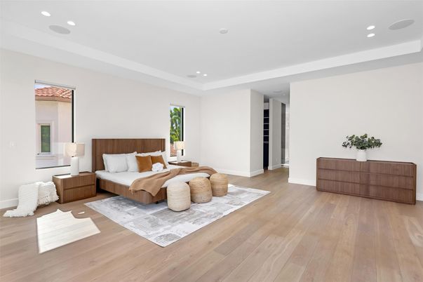 Bedroom, Interior, Recessed Lighting, Wood Texture Flooring