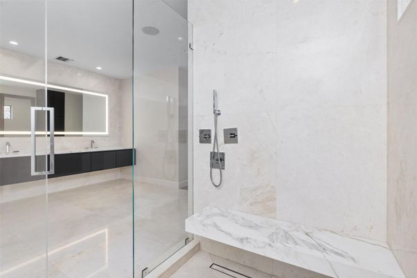 Bathroom, Glass Shower, Interior, Marble Walls, Recessed Lighting