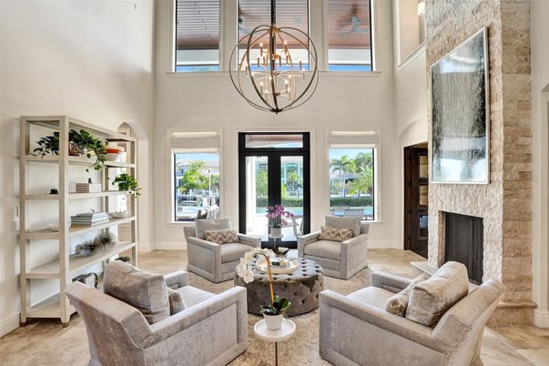 Chandelier, Fireplace, Interior, Living room, Stone Walls