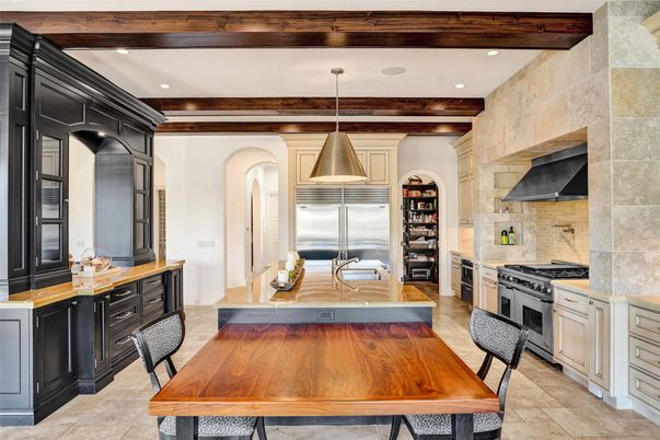Interior, Kitchen, Pendant Lights, Recessed Lighting, Stainless Steel Appliances, Stone Walls