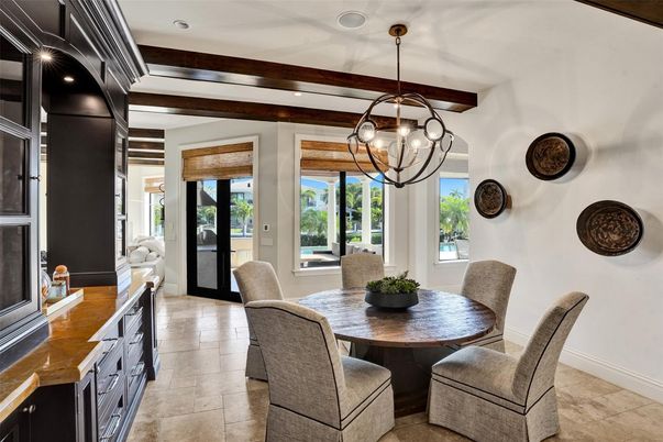 Chandelier, Dining room, Interior, Pendant Lights, Recessed Lighting, Wooden Beams