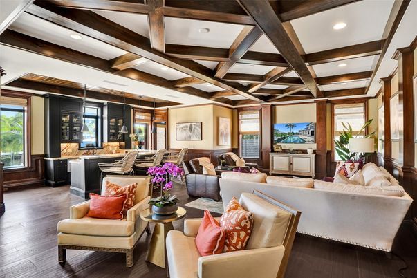 Dining room, Interior, Living room, Pendant Lights, Recessed Lighting, Wooden Beams, Wood Texture Flooring