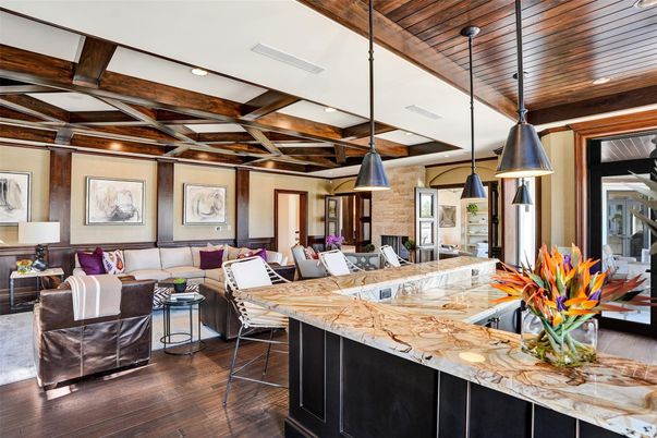 Dining room, Interior, Kitchen, Living room, Pendant Lights, Recessed Lighting, Wooden Beams, Wooden Ceilings, Wood Texture Flooring