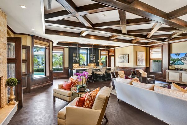 Dining room, Interior, Living room, Pendant Lights, Recessed Lighting, Wooden Beams, Wood Texture Flooring
