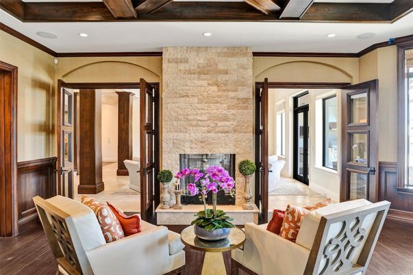 Interior, Living room, Recessed Lighting, Stone Walls, Wood Texture Flooring