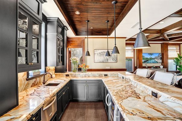 Interior, Kitchen, Pendant Lights, Recessed Lighting, Wooden Ceilings, Wood Texture Flooring