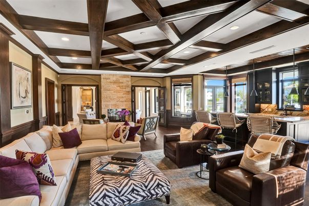 Dining room, Interior, Living room, Pendant Lights, Recessed Lighting, Stone Walls, Wooden Beams, Wood Texture Flooring