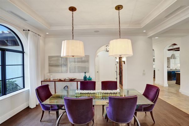 Dining room, Interior, Pendant Lights, Recessed Lighting, Wood Texture Flooring