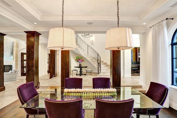 Dining room, Interior, Living room, Pendant Lights, Recessed Lighting, Wood Texture Flooring