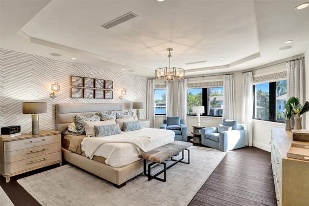 Bedroom, Chandelier, Interior, Recessed Lighting, Wood Texture Flooring