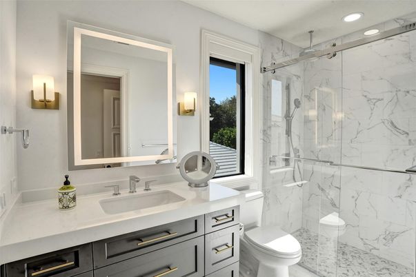 Bathroom, Glass Shower, Interior, Marble Walls, Recessed Lighting