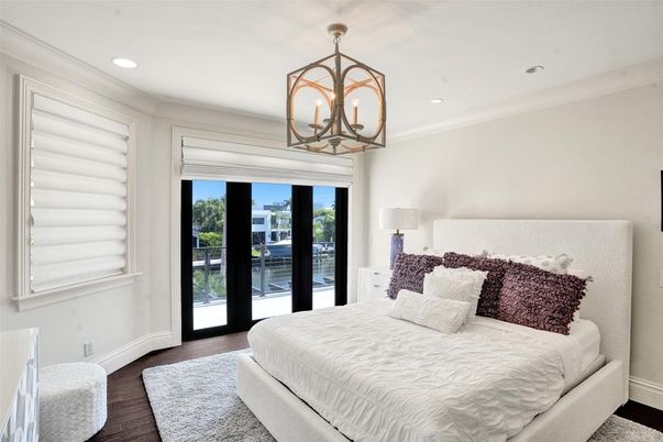 Bedroom, Chandelier, Interior, Recessed Lighting, Wood Texture Flooring