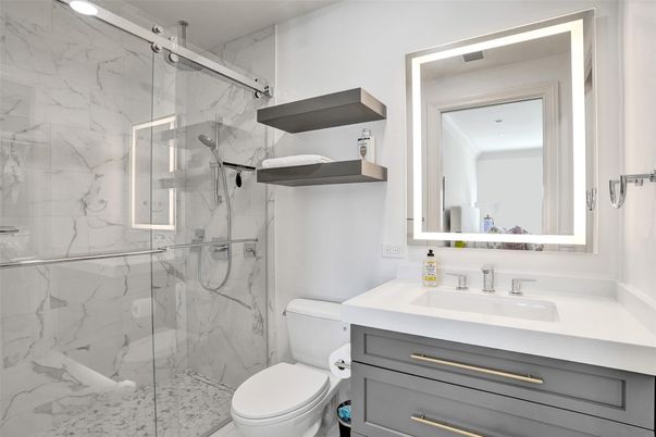 Bathroom, Glass Shower, Interior, Marble Walls, Recessed Lighting
