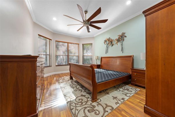 Bedroom, Interior, Recessed Lighting, Wood Texture Flooring