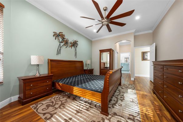 Bedroom, Interior, Recessed Lighting, Wood Texture Flooring