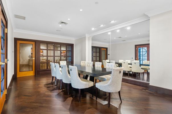 Dining room, Interior, Recessed Lighting, Wood Texture Flooring