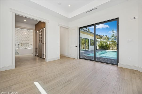 Bathroom, Empty room, Interior, Recessed Lighting, Wood Texture Flooring