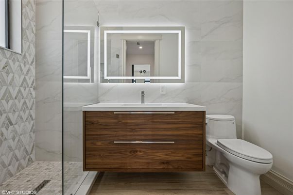 Bathroom, Glass Shower, Interior, Marble Walls, Wood Texture Flooring
