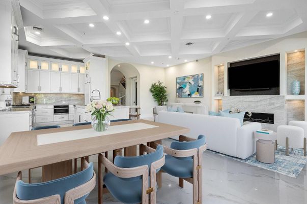 Fireplace, Interior, Kitchen, Living room, Marble, Recessed Lighting