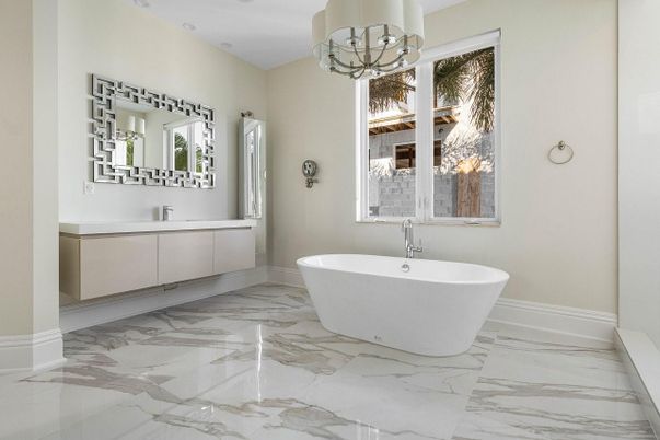 Bathroom, Chandelier, Dual Sink Vanities, Free Standing Baths, Interior, Marble, Pendant Lights, Recessed Lighting