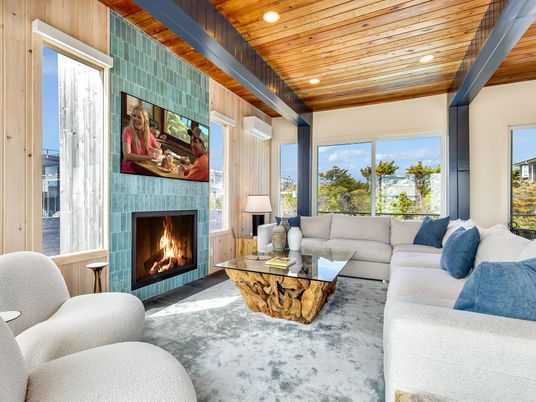 Fireplace, Interior, Living room, Recessed Lighting, Wooden Ceilings