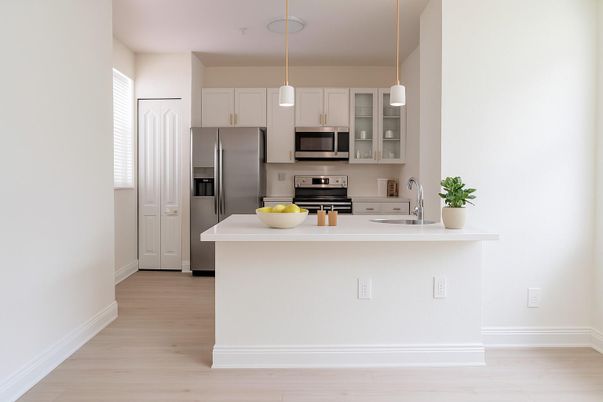 Interior, Kitchen, Pendant Lights, Stainless Steel Appliances, Wood Texture Flooring