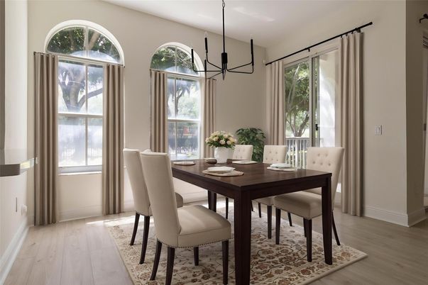 Dining room, Interior, Pendant Lights, Wood Texture Flooring