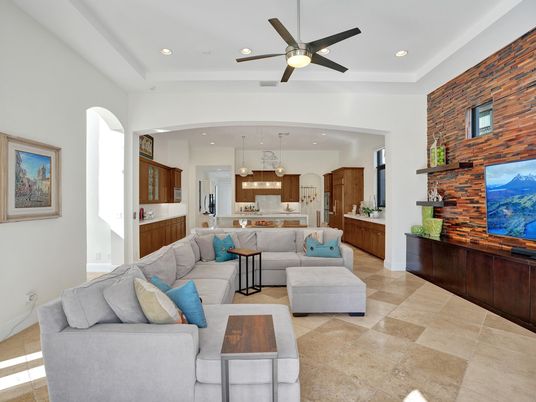 Interior, Kitchen, Living room, Pendant Lights, Recessed Lighting, Stainless Steel Appliances, Stone Walls
