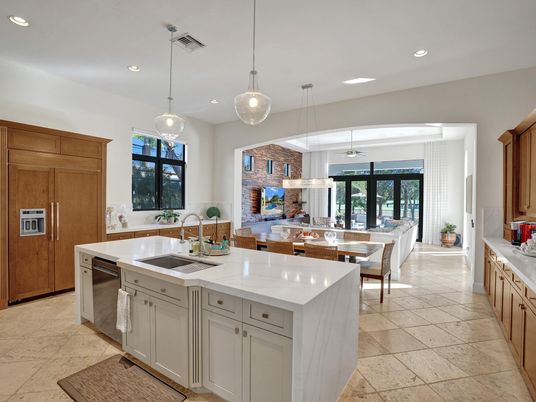 Dining room, Interior, Kitchen, Pendant Lights, Recessed Lighting, Stainless Steel Appliances, Stone Walls