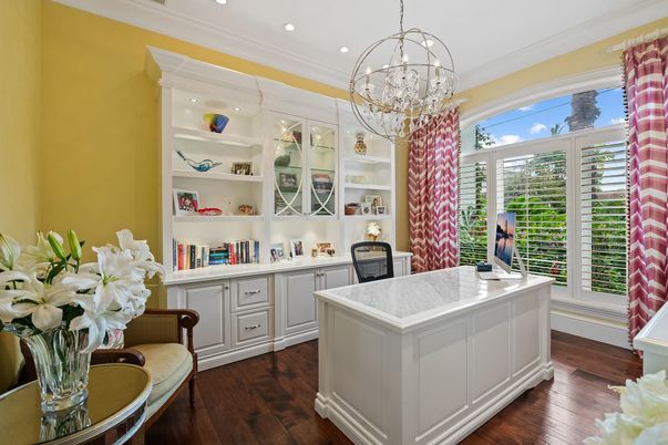 Chandelier, Home Office, Interior, Recessed Lighting, Wood Texture Flooring