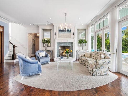 Chandelier, Fireplace, Interior, Living room, Recessed Lighting, Wood Texture Flooring