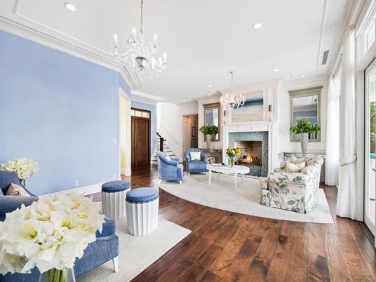 Chandelier, Fireplace, Interior, Living room, Recessed Lighting, Wood Texture Flooring
